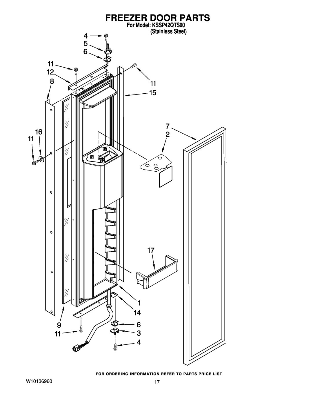 KitchenAid manual Freezer Door Parts, For Model KSSP42QTS00 Stainless Steel 