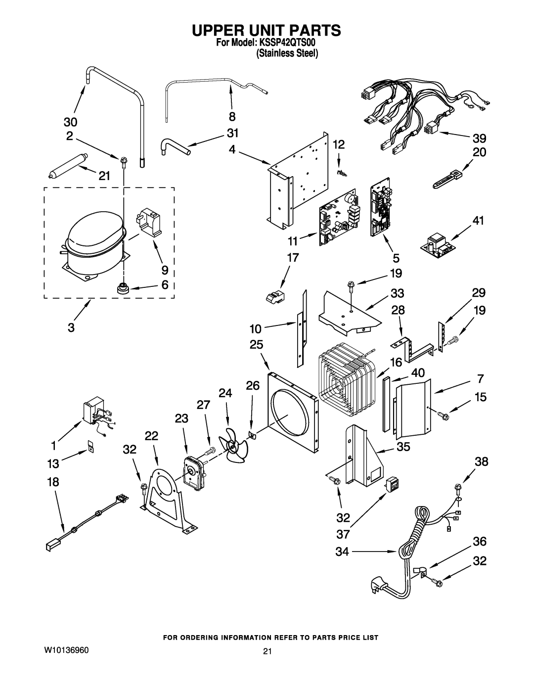 KitchenAid manual Upper Unit Parts, W10136960, For Model KSSP42QTS00 Stainless Steel 