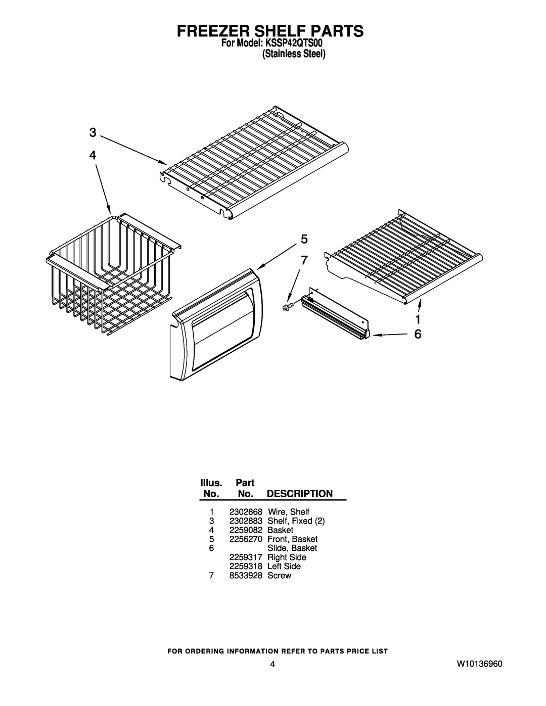 KitchenAid manual Freezer Shelf Parts, For Model KSSP42QTS00 Stainless Steel, Illus. Part No. No. DESCRIPTION, W10136960 