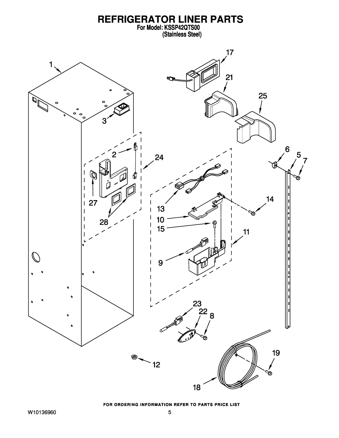 KitchenAid manual Refrigerator Liner Parts, W10136960, For Model KSSP42QTS00 Stainless Steel 