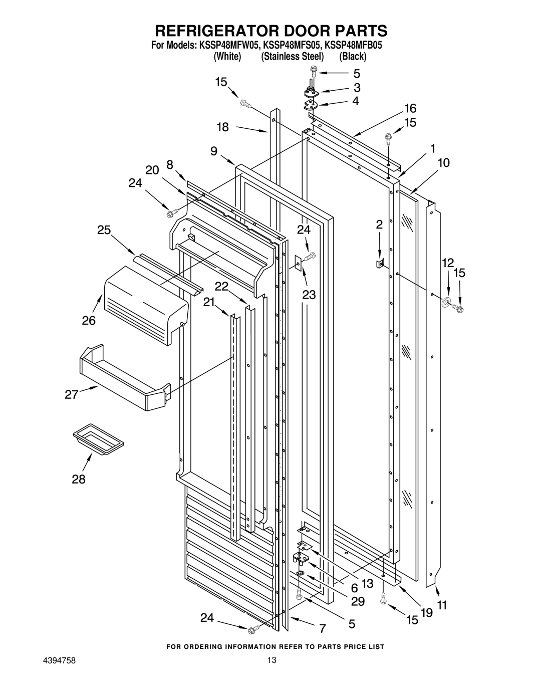 KitchenAid KSSP48MFB05, KSSP48MFS05, KSSP48MFW05 manual Refrigerator Door Parts 