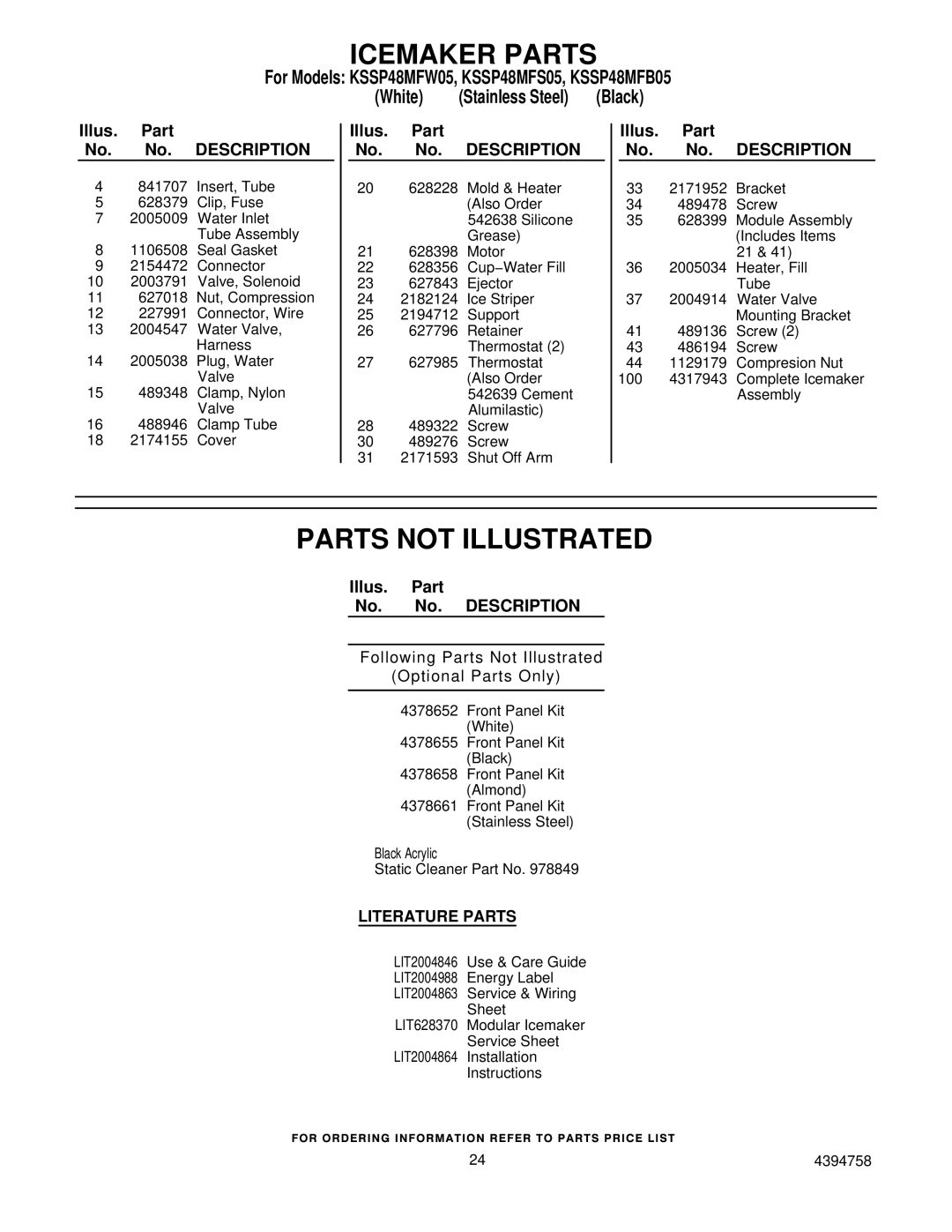 KitchenAid KSSP48MFS05, KSSP48MFB05, KSSP48MFW05 manual Icemaker Parts, Parts not Illustrated 