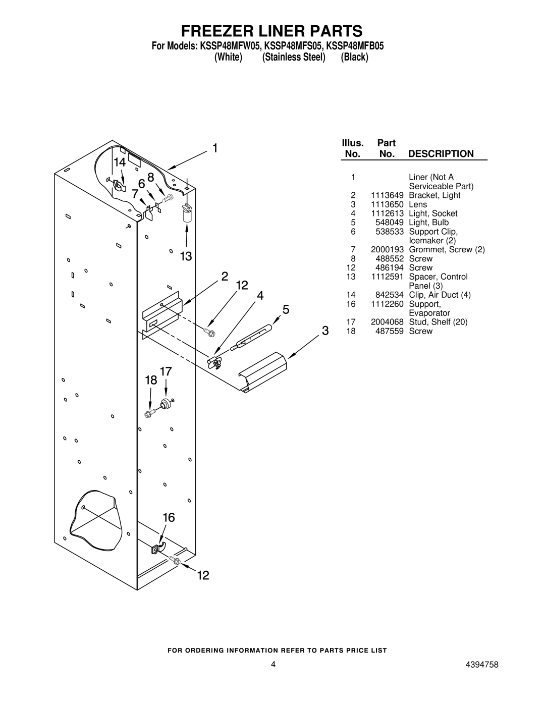 KitchenAid manual Freezer Liner Parts, For Models KSSP48MFW05, KSSP48MFS05, KSSP48MFB05 White 