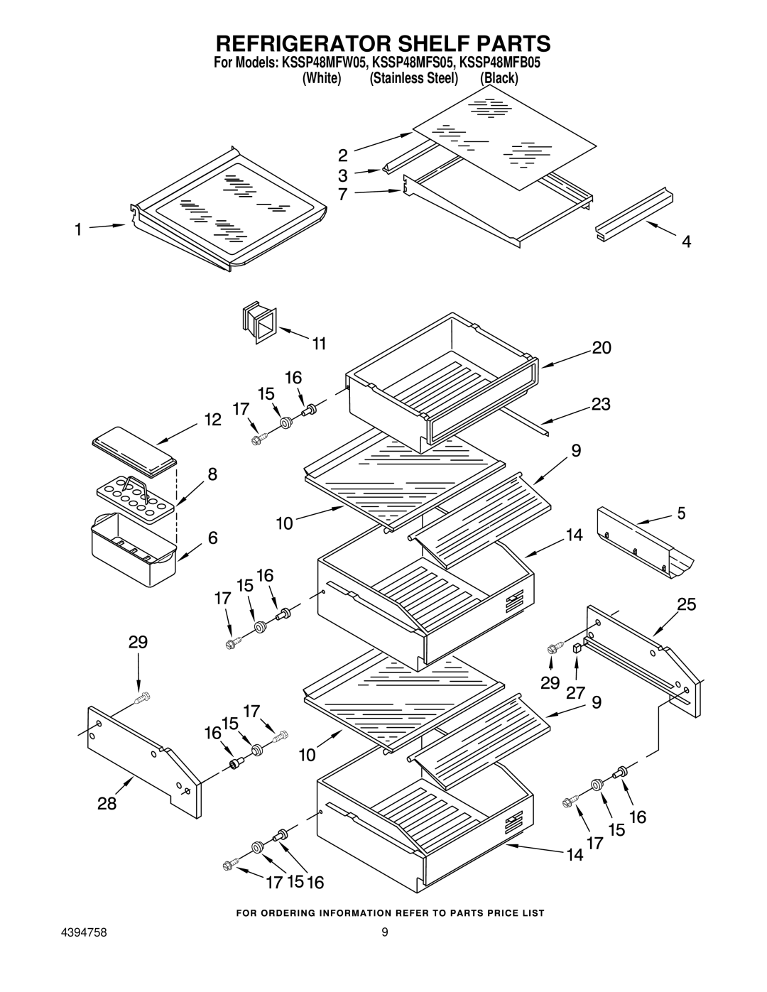 KitchenAid KSSP48MFS05, KSSP48MFB05, KSSP48MFW05 manual Refrigerator Shelf Parts 