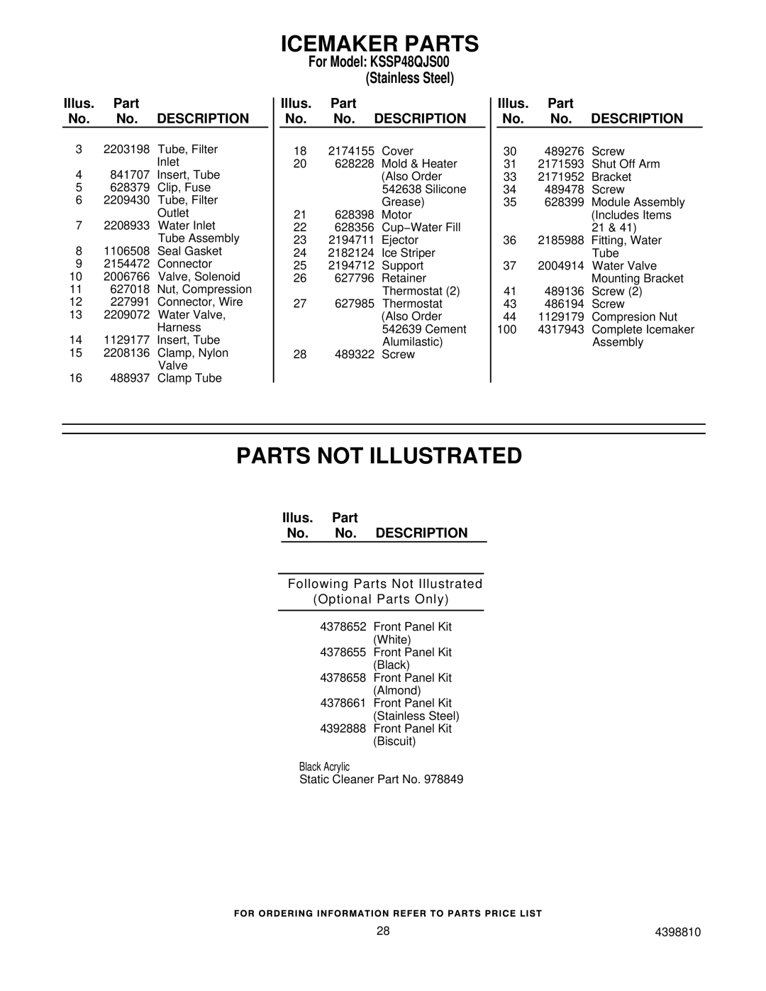 KitchenAid KSSP48QJS00 manual Icemaker Parts, Parts not Illustrated 
