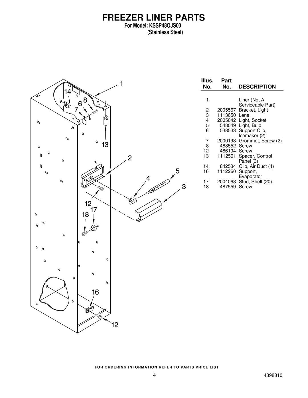 KitchenAid KSSP48QJS00 manual Freezer Liner Parts 