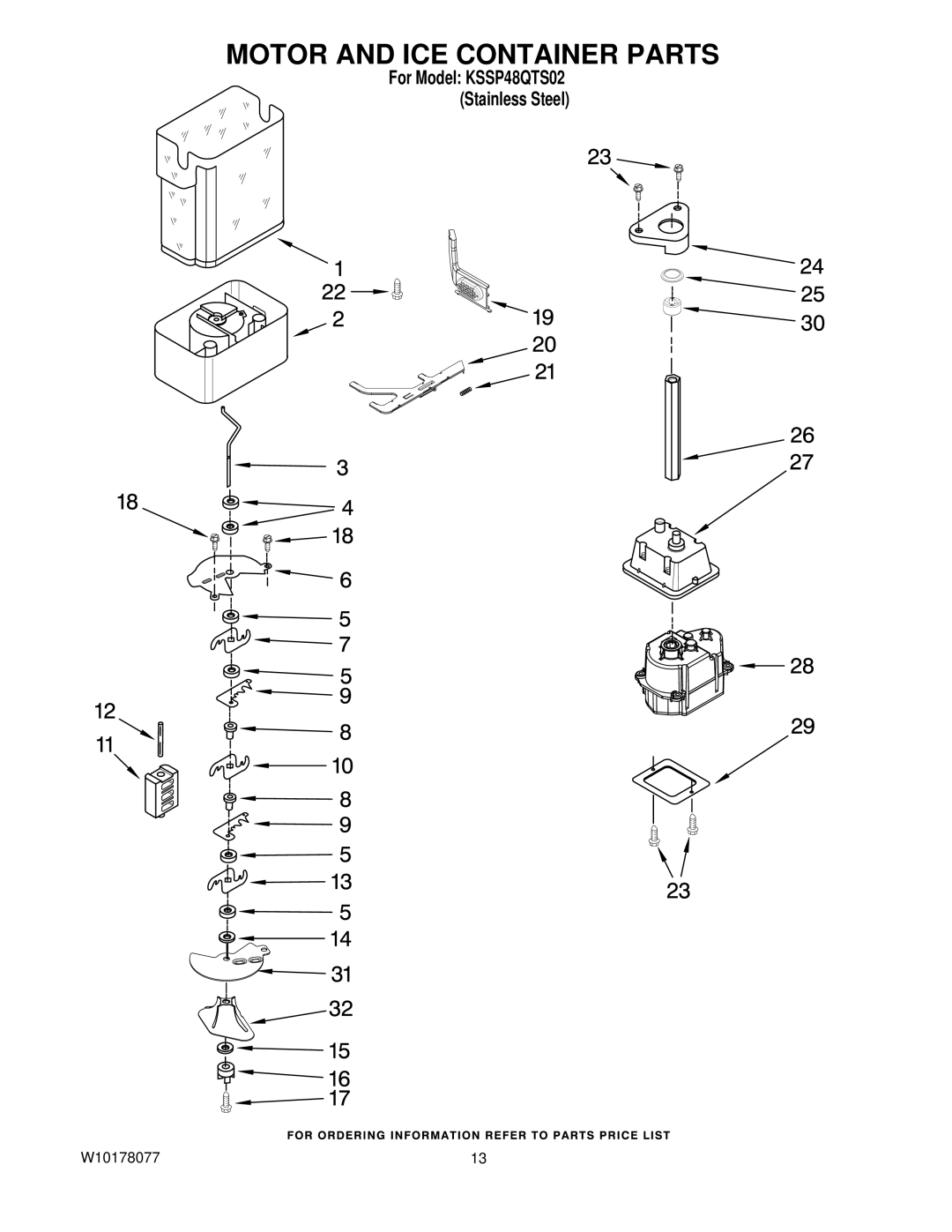 KitchenAid KSSP48QTS02 manual Motor and ICE Container Parts 
