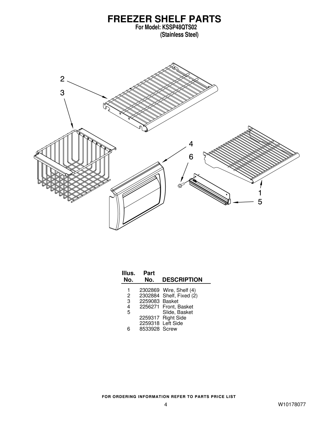 KitchenAid KSSP48QTS02 manual Freezer Shelf Parts 