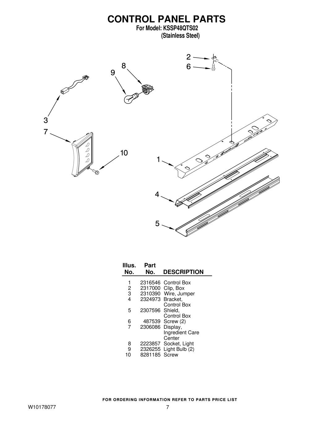 KitchenAid KSSP48QTS02 manual Control Panel Parts 