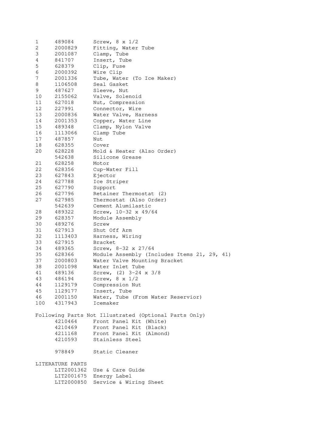 KitchenAid KSSS36DAX01 manual Literature Parts 