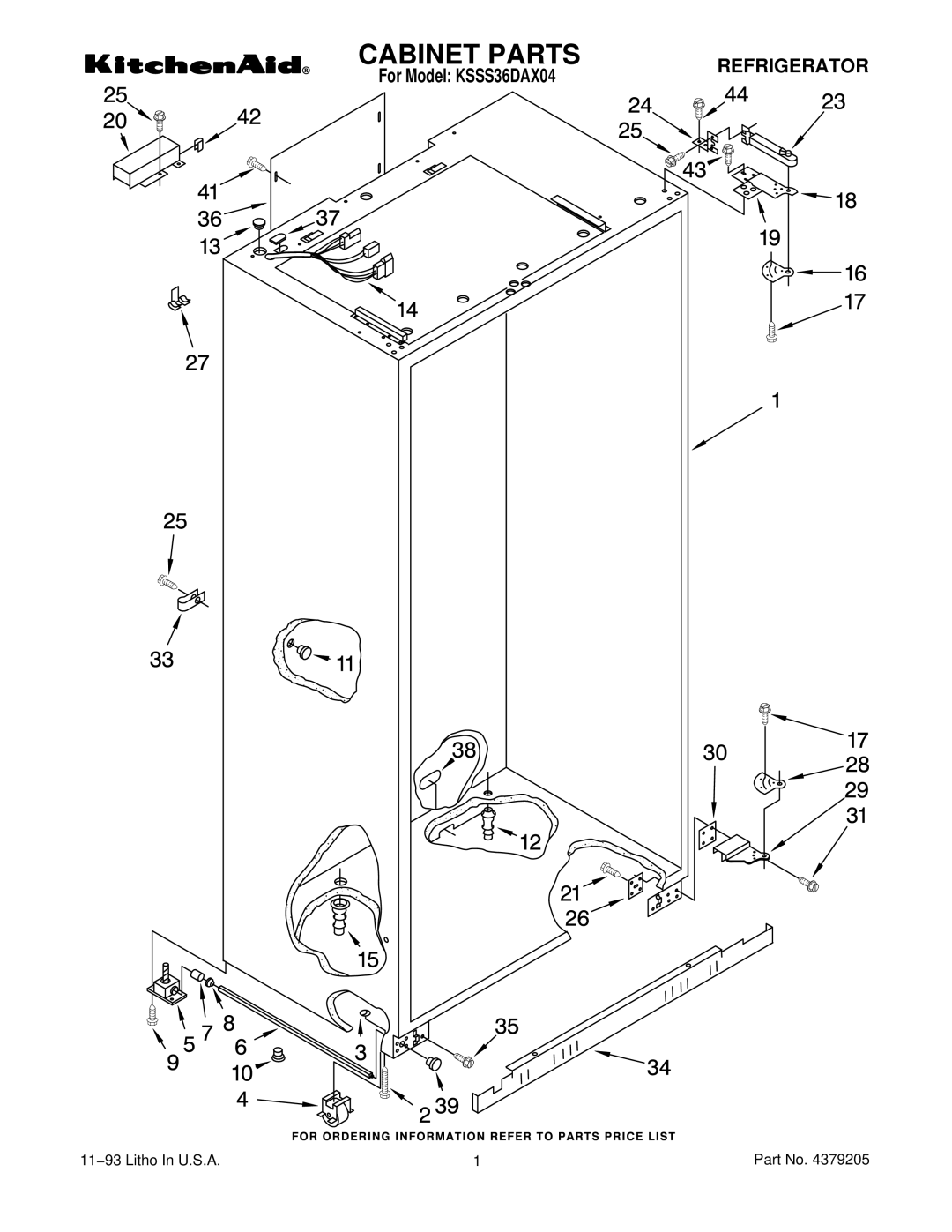 KitchenAid KSSS36DAX04 manual Cabinet Parts 