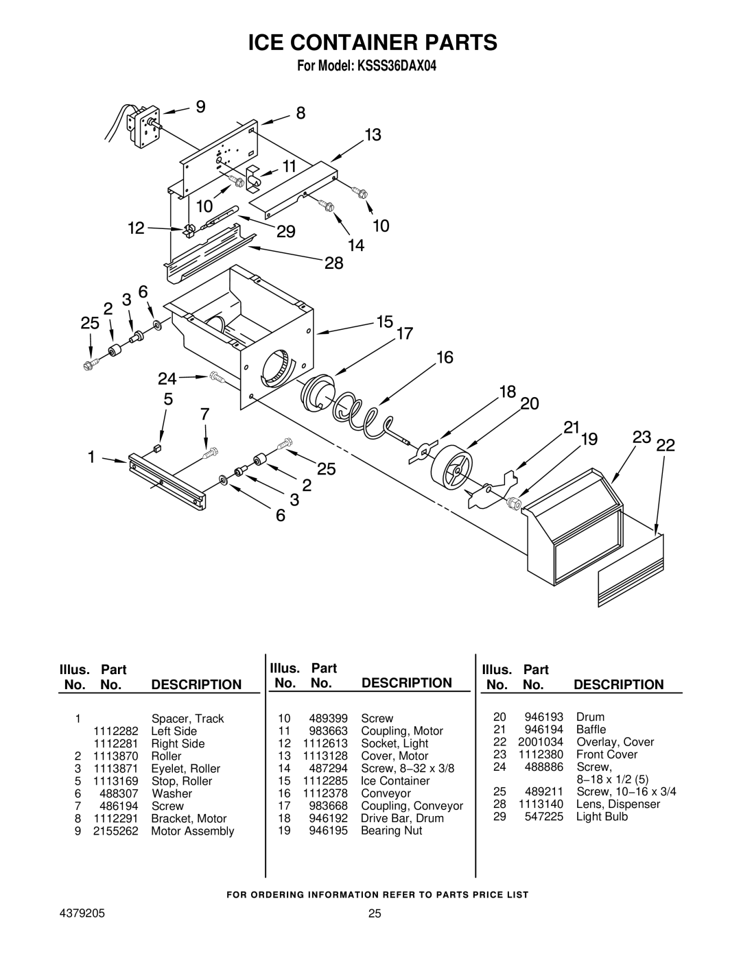 KitchenAid KSSS36DAX04 manual ICE Container Parts, Illus. Part No. No. Description 