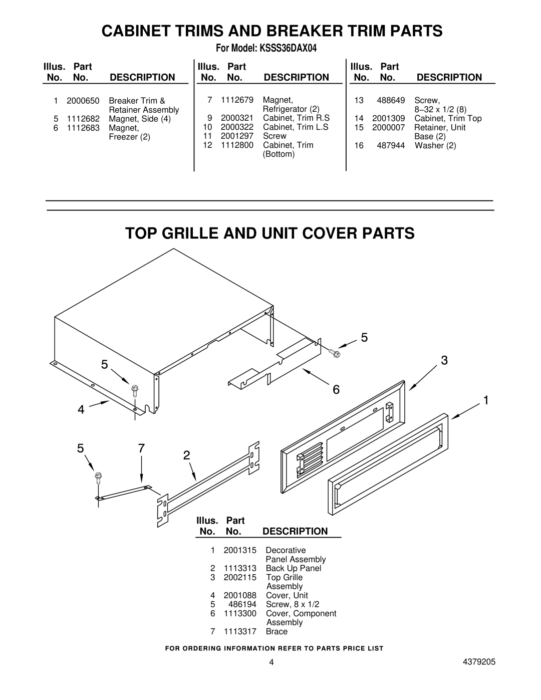 KitchenAid KSSS36DAX04 manual TOP Grille and Unit Cover Parts 