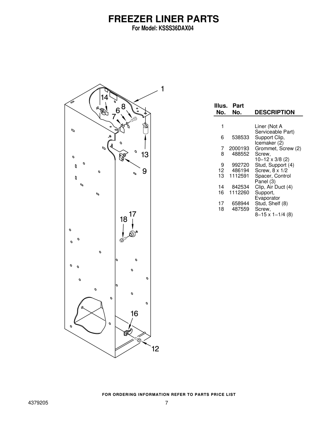 KitchenAid KSSS36DAX04 manual Freezer Liner Parts 