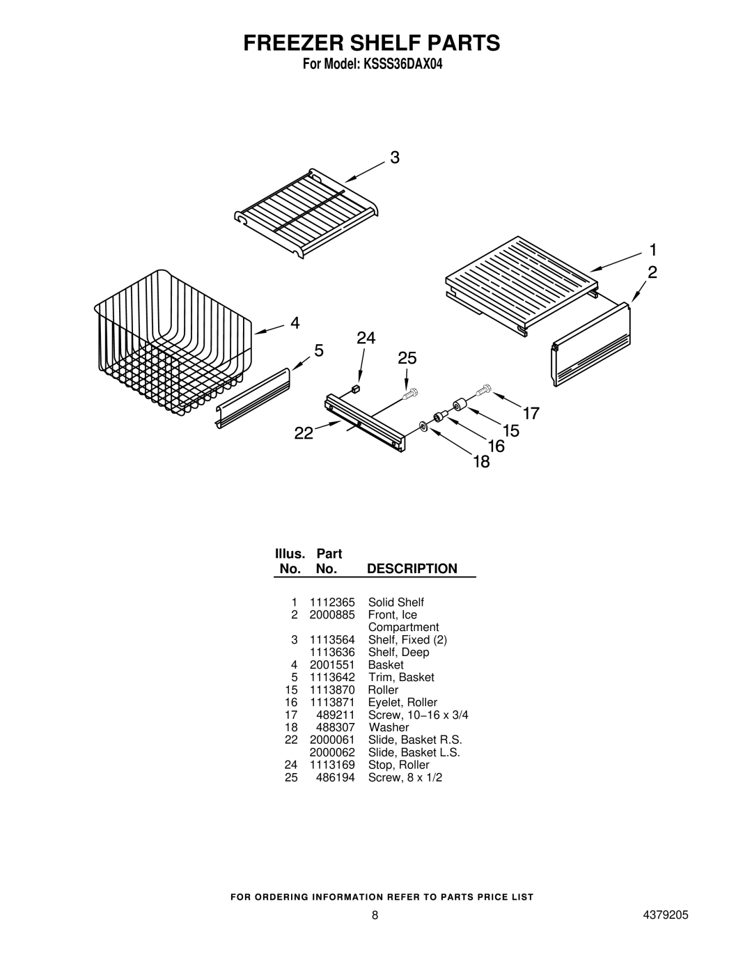 KitchenAid KSSS36DAX04 manual Freezer Shelf Parts 