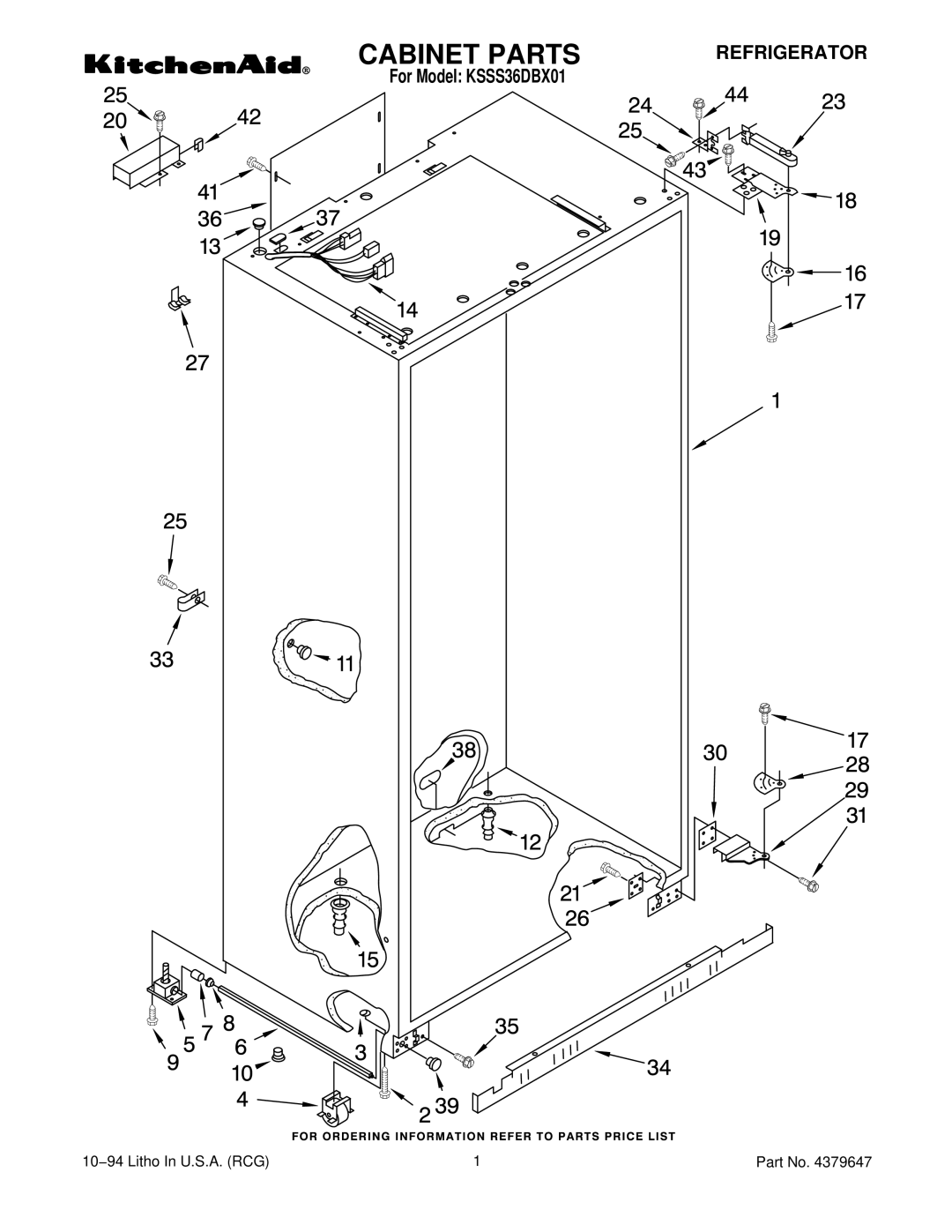 KitchenAid KSSS36DBX01 manual Cabinet Parts, Refrigerator 