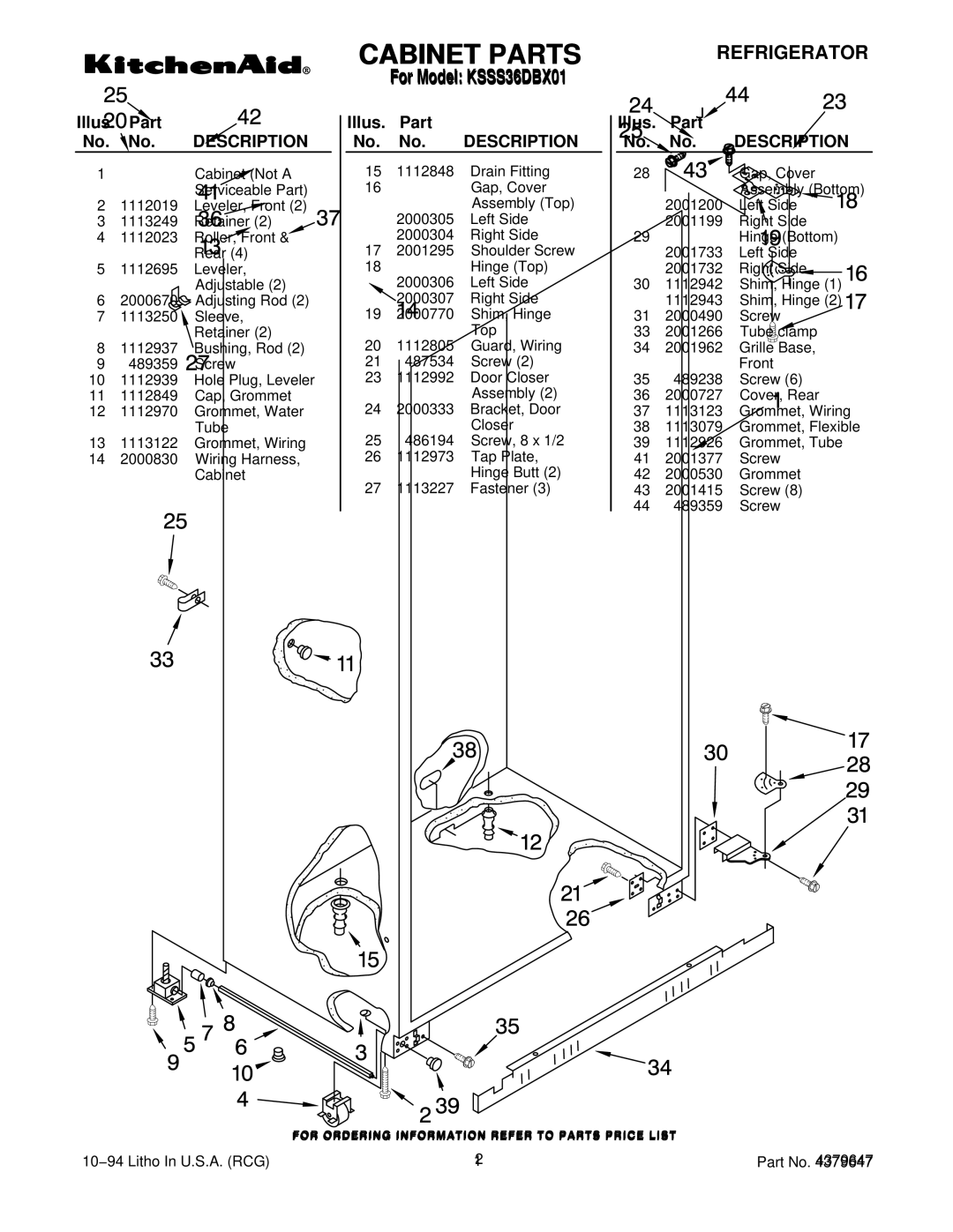 KitchenAid KSSS36DBX01 manual Cabinet Parts, Illus. Part No. No. Description 