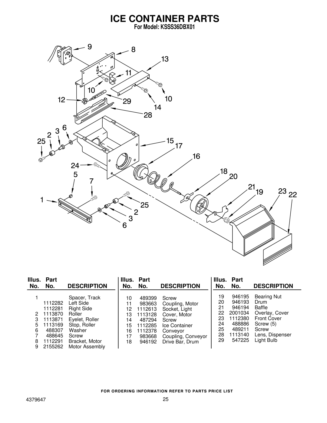 KitchenAid KSSS36DBX01 manual ICE Container Parts 