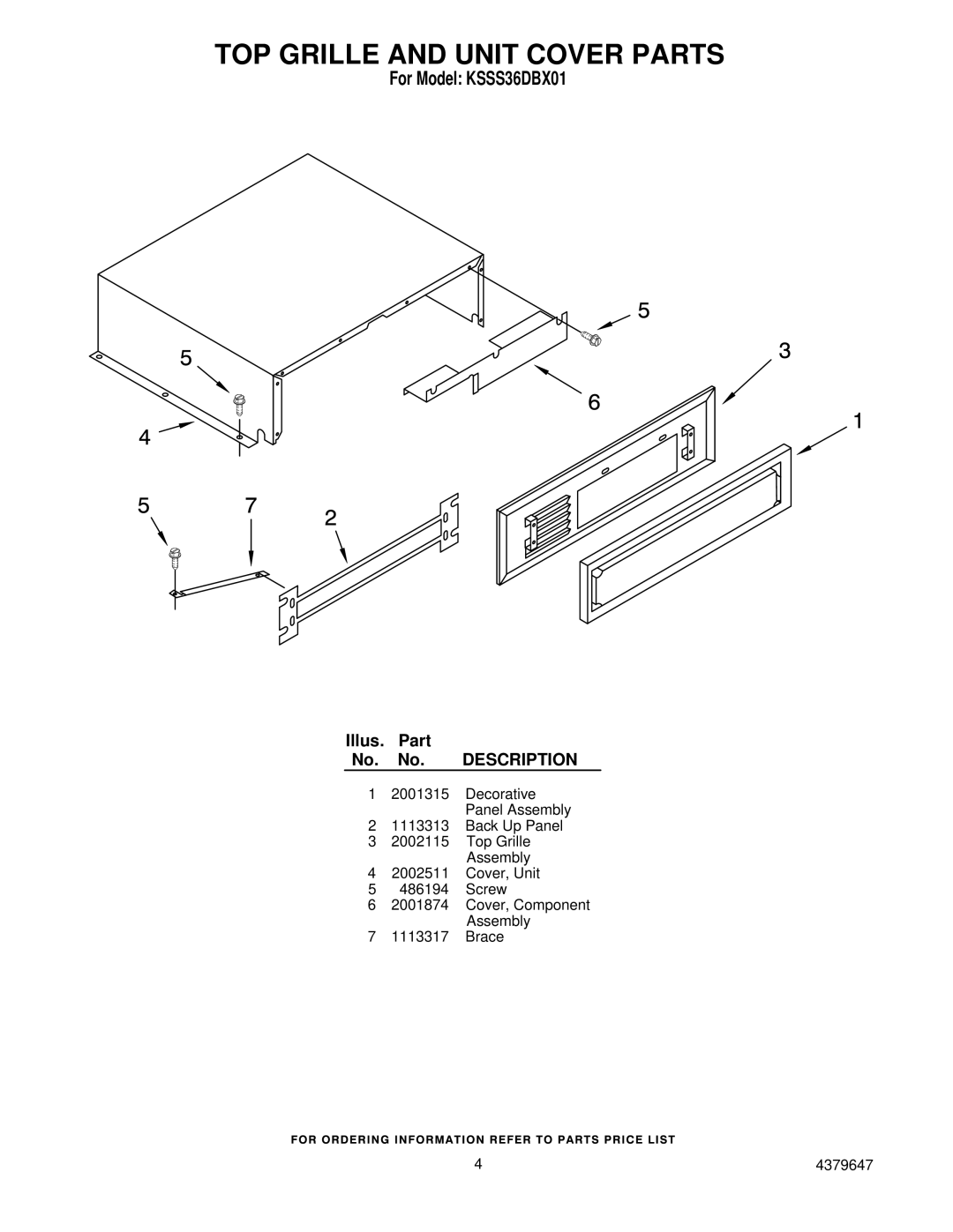 KitchenAid KSSS36DBX01 manual TOP Grille and Unit Cover Parts 