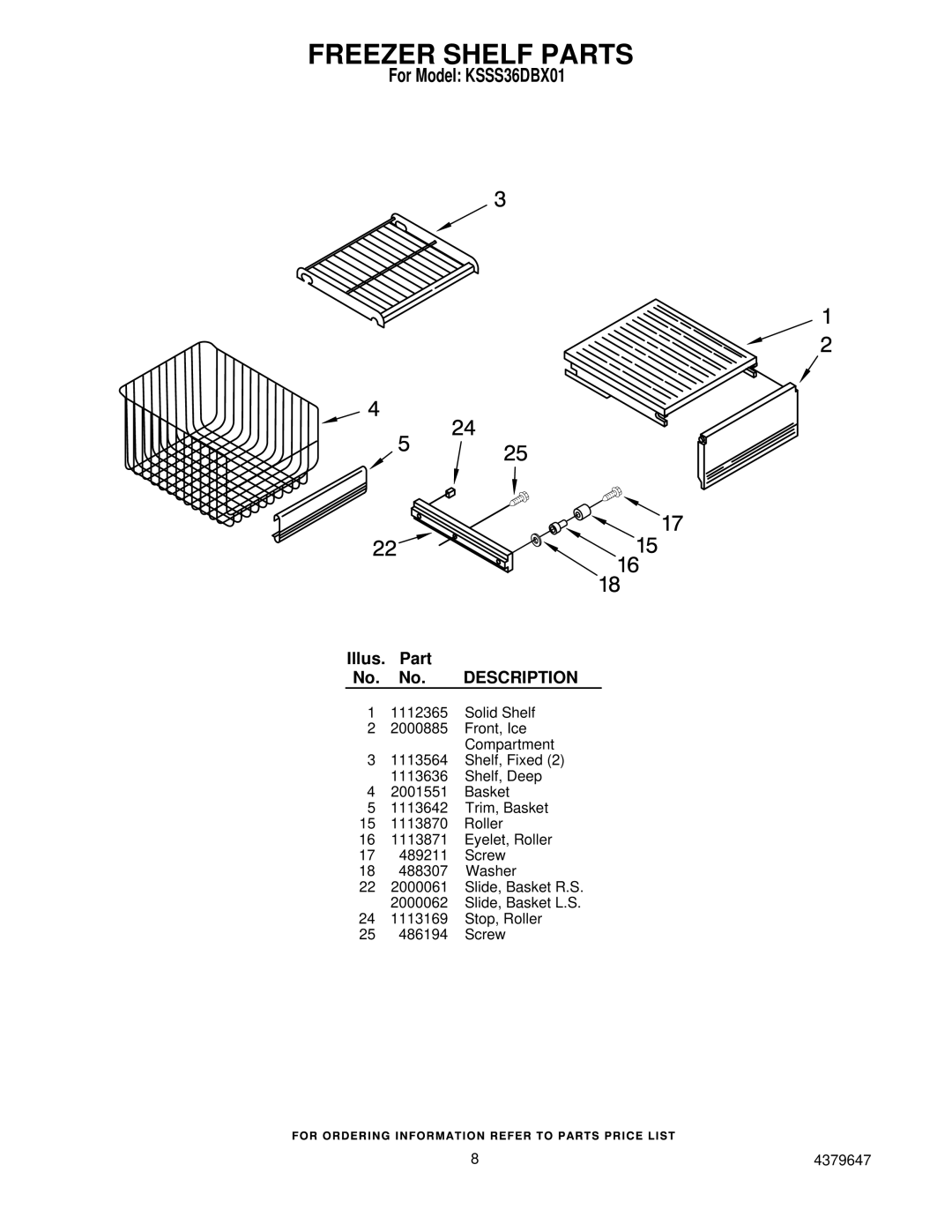 KitchenAid KSSS36DBX01 manual Freezer Shelf Parts 