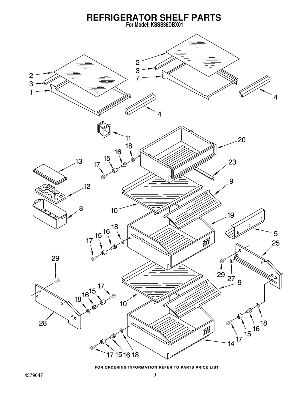 KitchenAid KSSS36DBX01 manual Refrigerator Shelf Parts 