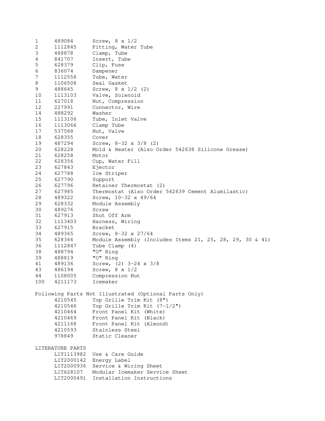 KitchenAid KSSS36DWX02 manual Literature Parts 