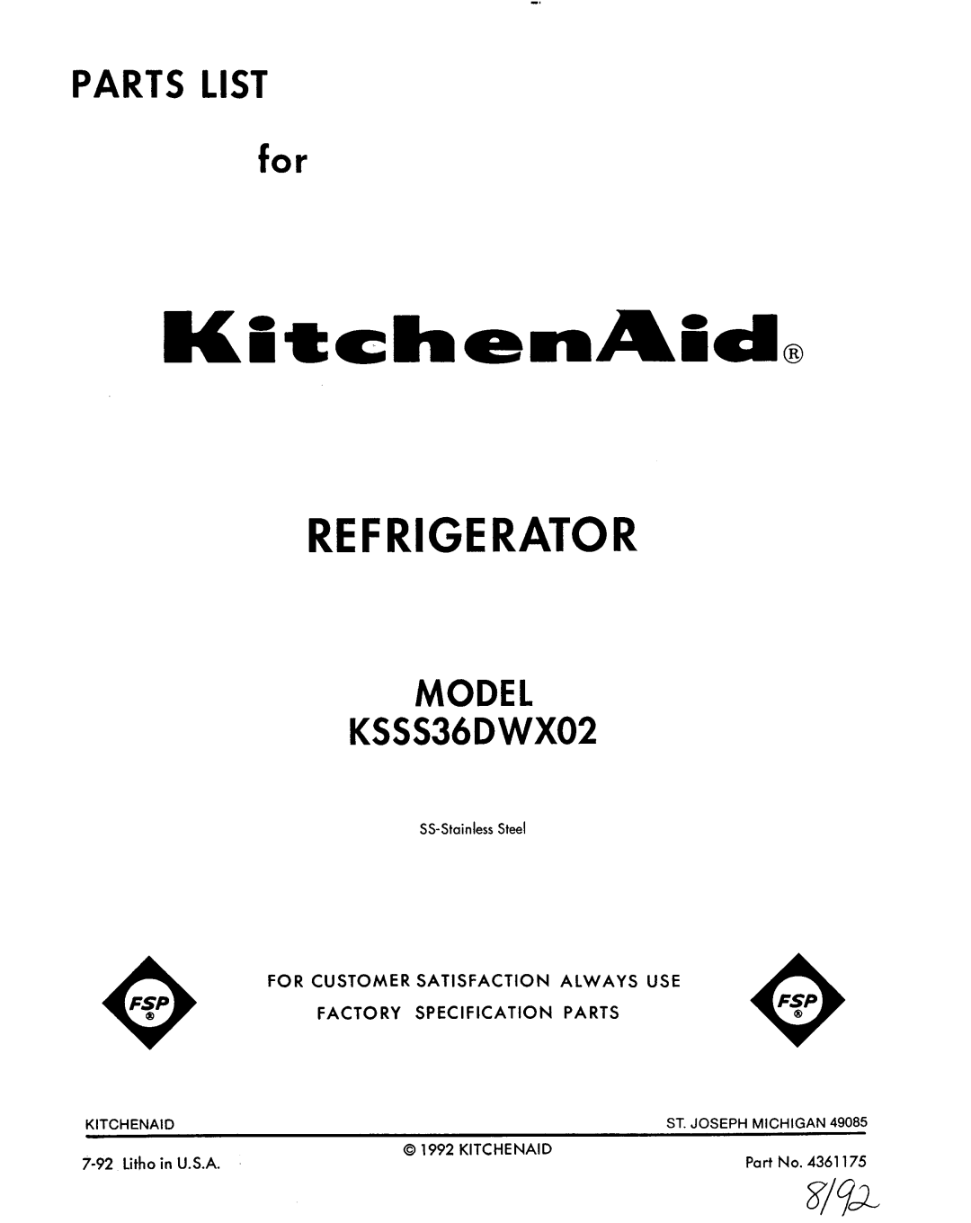 KitchenAid KSSS36DWX02 manual 