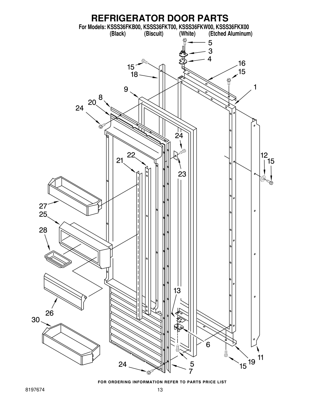 KitchenAid KSSS36FKT00, KSSS36FKX00, KSSS36FKW00, KSSS36FKB00 manual Refrigerator Door Parts 