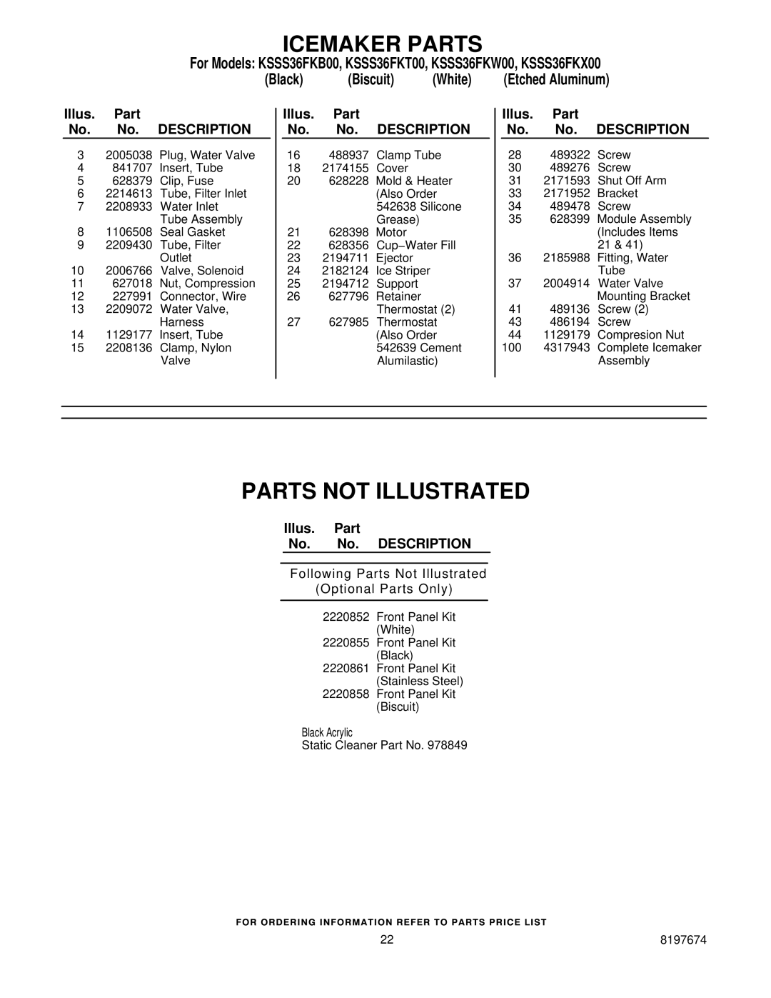 KitchenAid KSSS36FKW00, KSSS36FKX00, KSSS36FKT00, KSSS36FKB00 manual Icemaker Parts, Parts not Illustrated 
