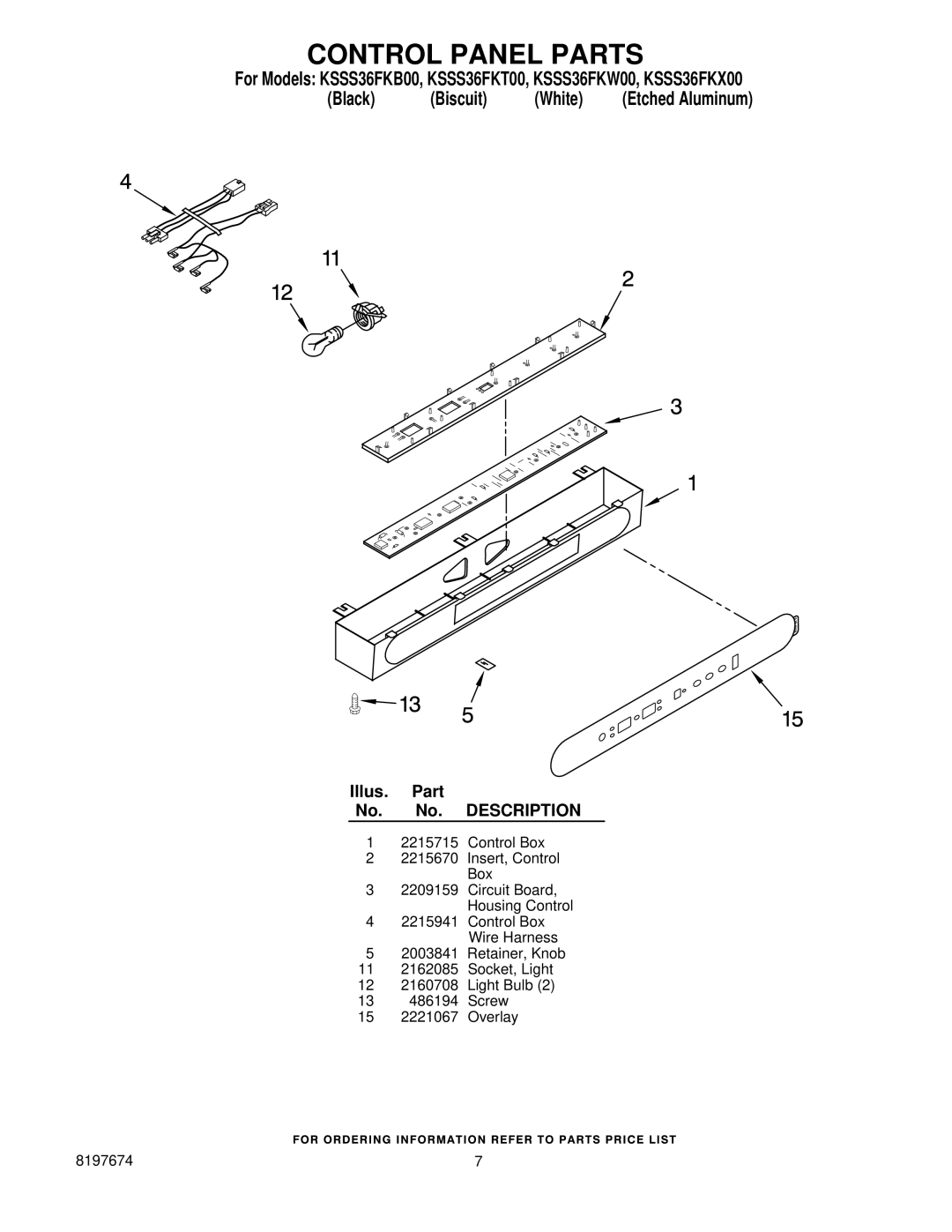 KitchenAid KSSS36FKB00, KSSS36FKX00, KSSS36FKT00, KSSS36FKW00 manual Control Panel Parts 