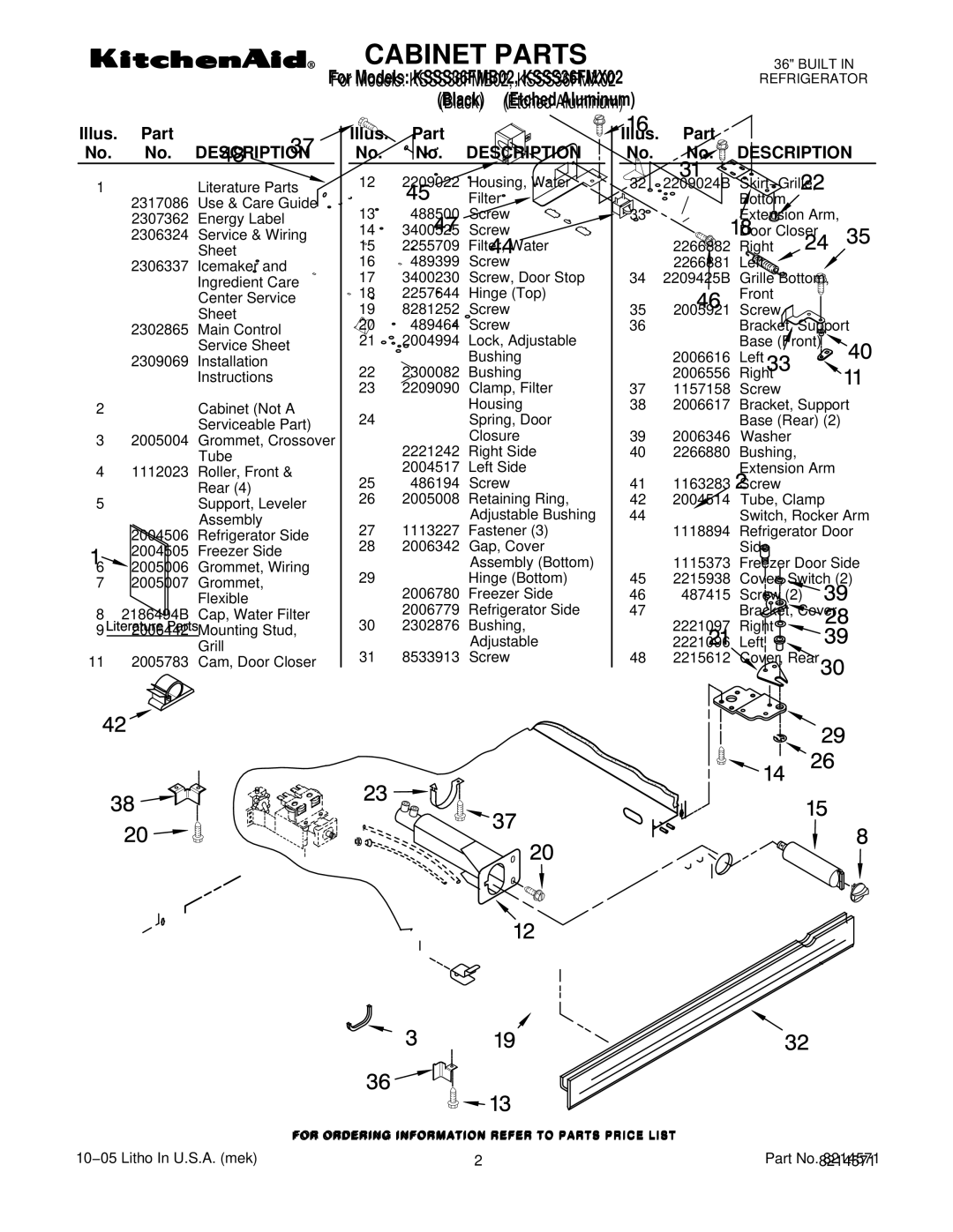 KitchenAid KSSS36FMX02, KSSS36FMB02 manual Cabinet Parts, Illus. Part No. No. Description 