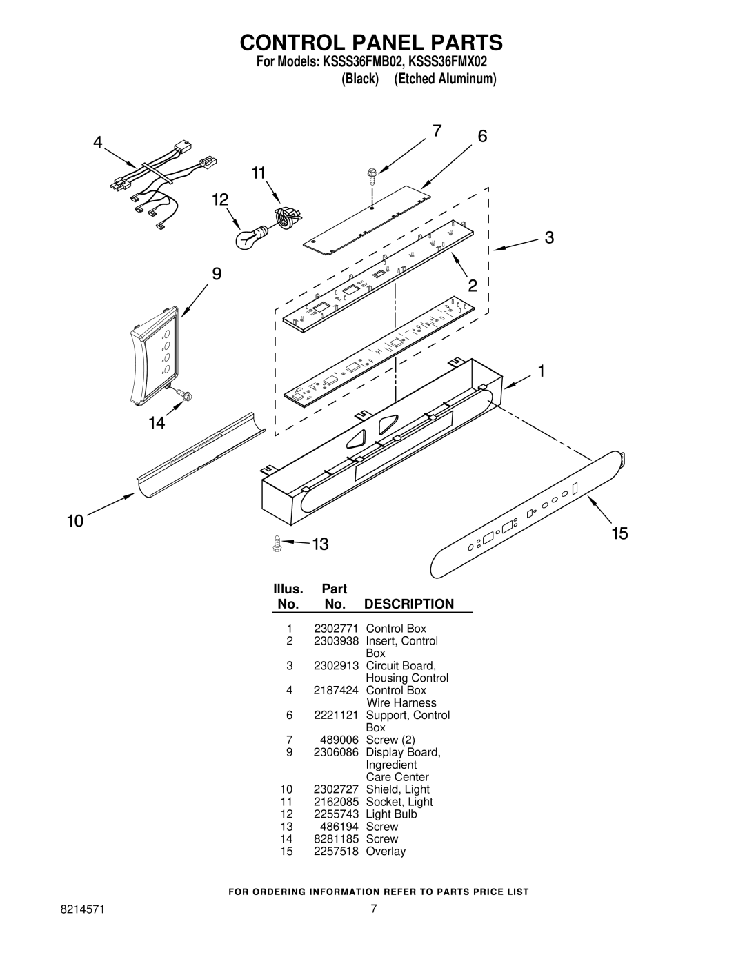 KitchenAid KSSS36FMB02, KSSS36FMX02 manual Control Panel Parts 