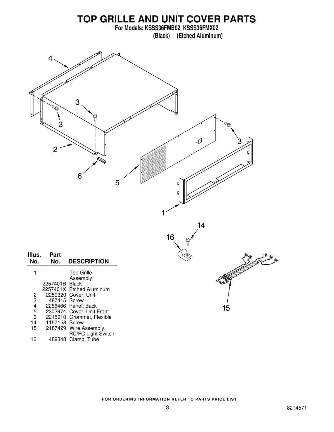 KitchenAid KSSS36FMX02, KSSS36FMB02 manual TOP Grille and Unit Cover Parts 