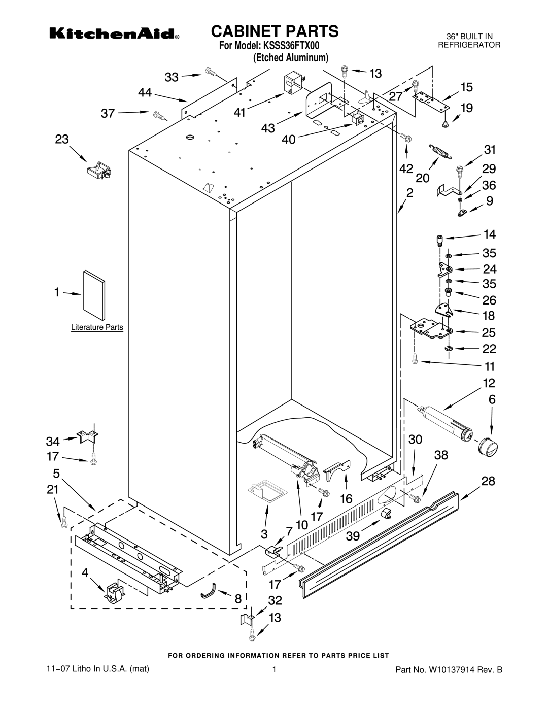 KitchenAid KSSS36FTX00 manual Cabinet Parts 