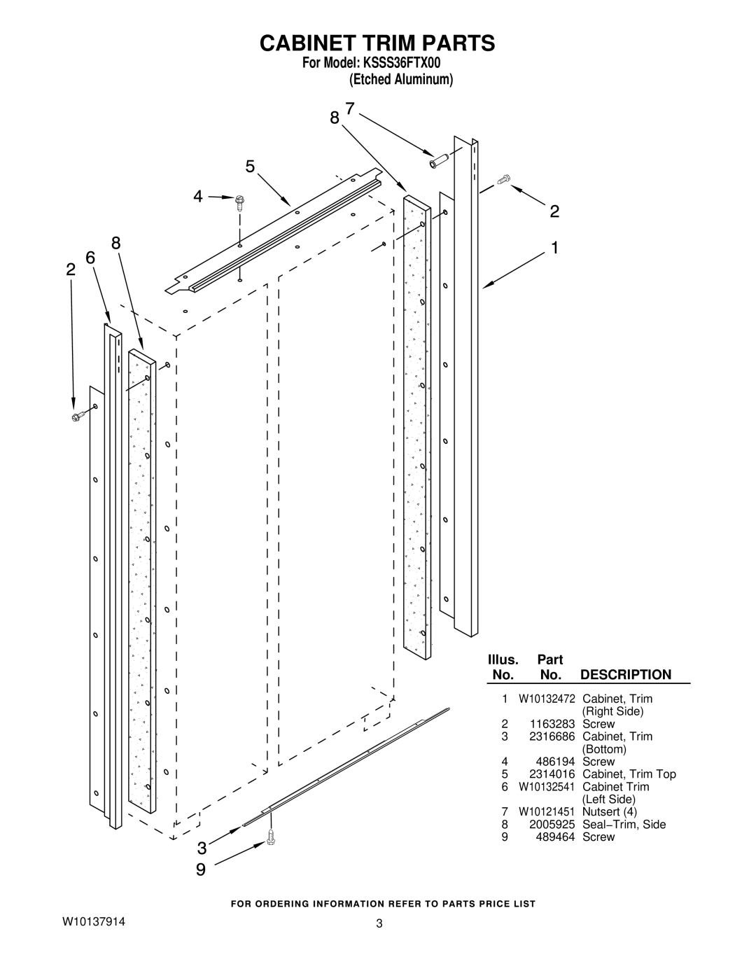 KitchenAid manual Cabinet Trim Parts, For Model KSSS36FTX00 Etched Aluminum 