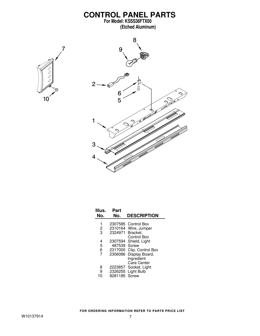 KitchenAid KSSS36FTX00 manual Control Panel Parts 