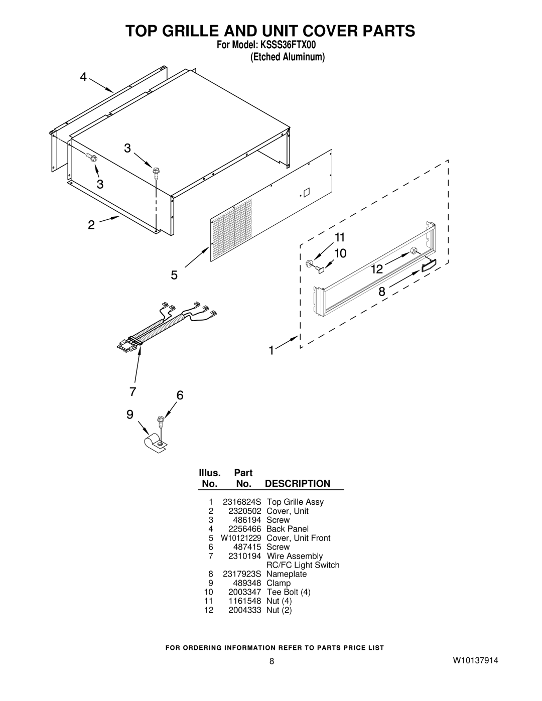 KitchenAid KSSS36FTX00 manual TOP Grille and Unit Cover Parts 