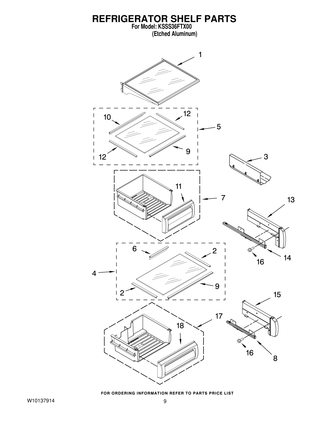 KitchenAid KSSS36FTX00 manual Refrigerator Shelf Parts 