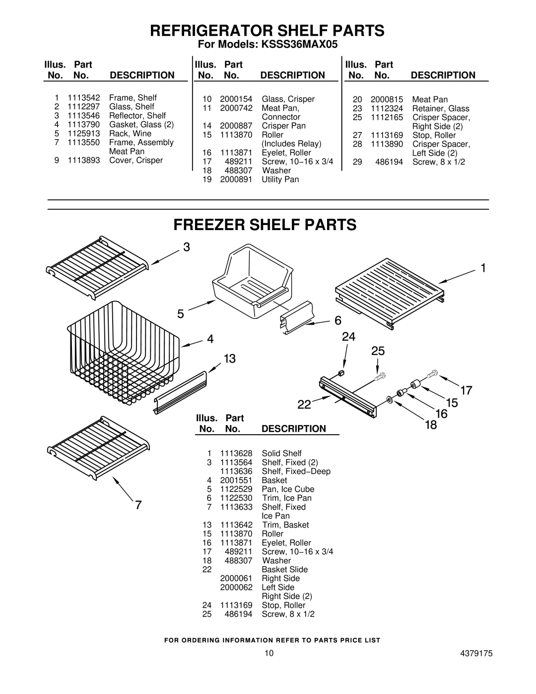 KitchenAid KSSS36MAX05 manual Freezer Shelf Parts 