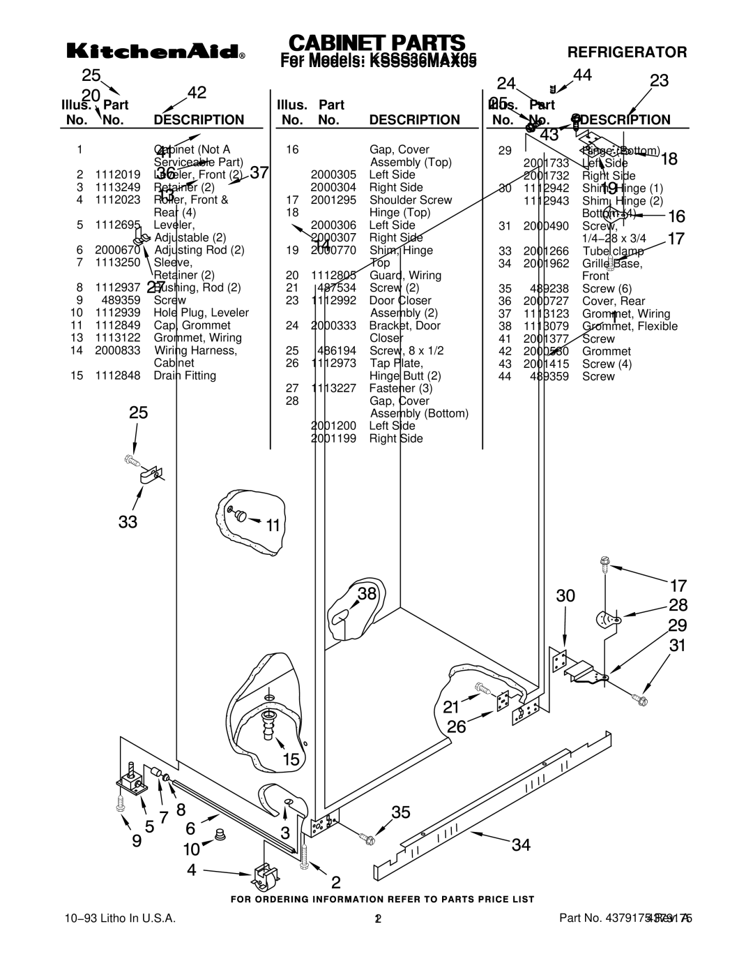 KitchenAid KSSS36MAX05 manual Cabinet Parts, Illus. Part No. No. Description 