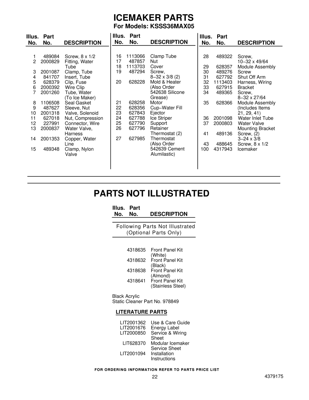 KitchenAid KSSS36MAX05 manual Parts not Illustrated, Literature Parts 