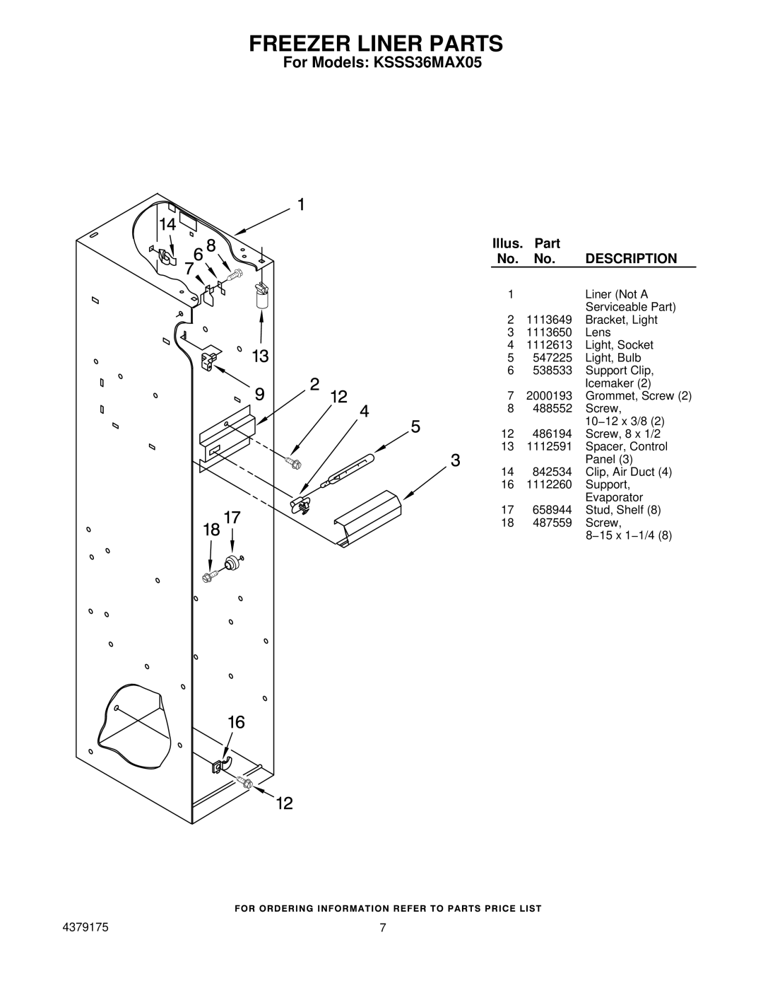 KitchenAid KSSS36MAX05 manual Freezer Liner Parts 