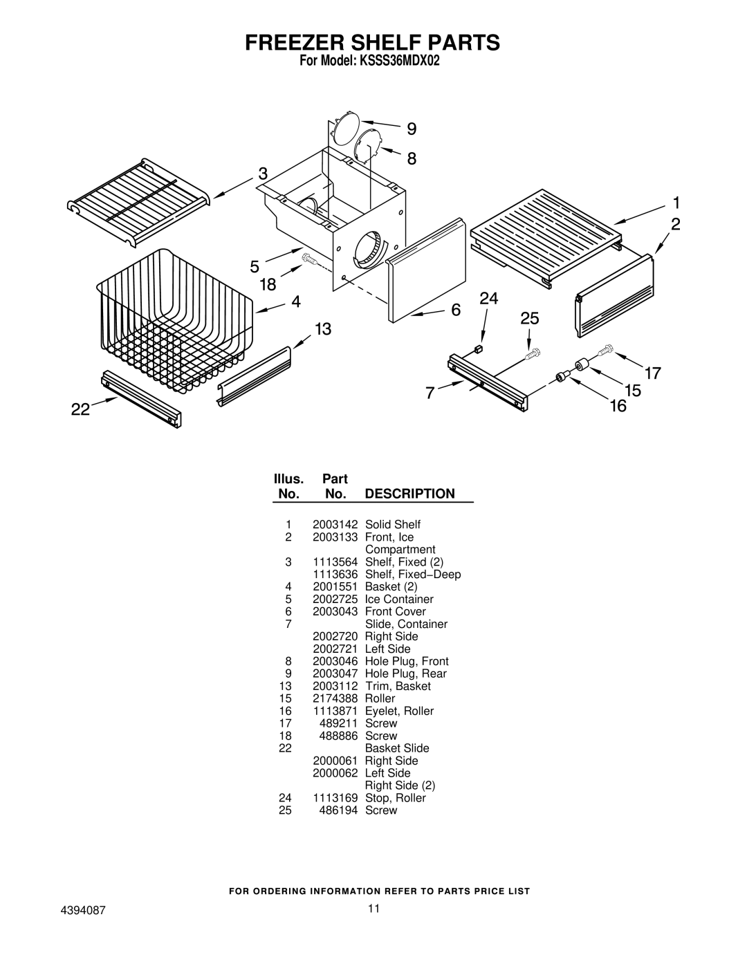 KitchenAid KSSS36MDX02 manual Freezer Shelf Parts 