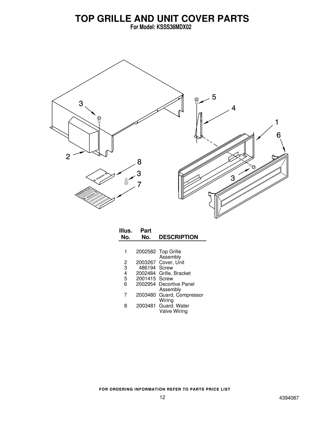 KitchenAid KSSS36MDX02 manual TOP Grille and Unit Cover Parts 