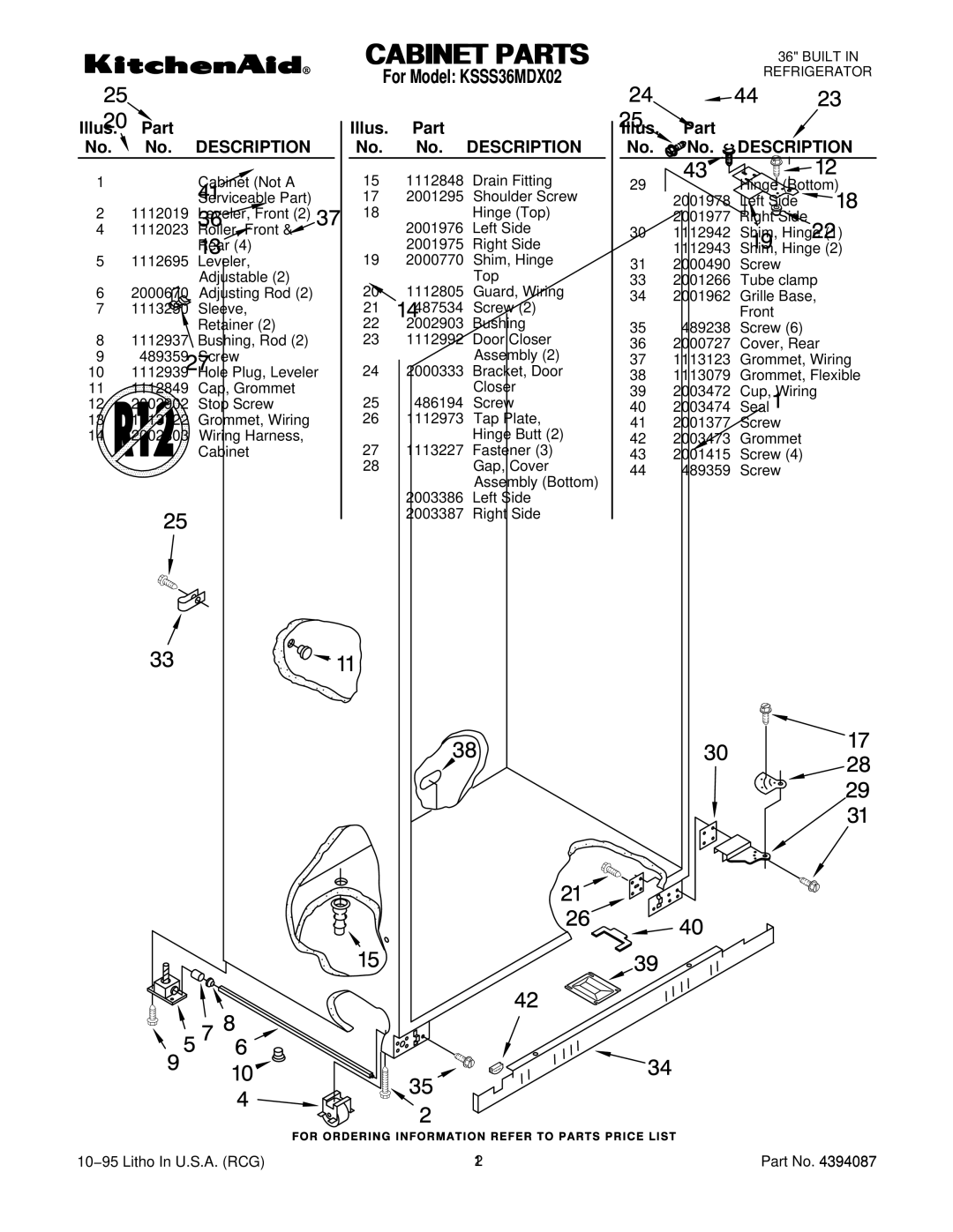 KitchenAid KSSS36MDX02 manual Illus. Part No. No. Description 