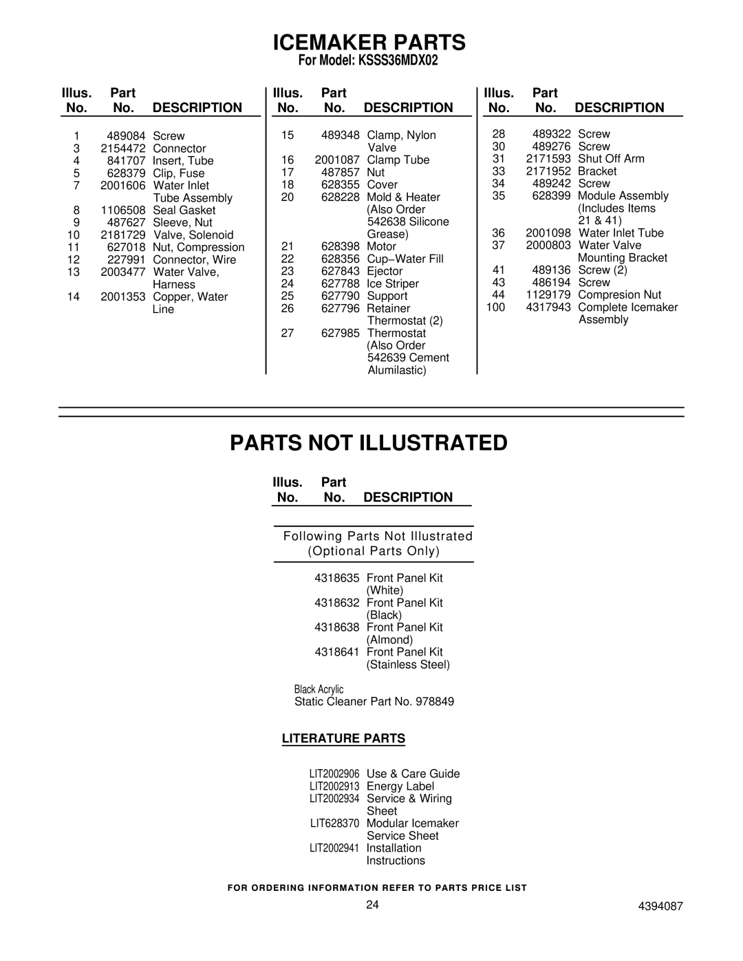 KitchenAid KSSS36MDX02 manual Parts not Illustrated, Literature Parts 