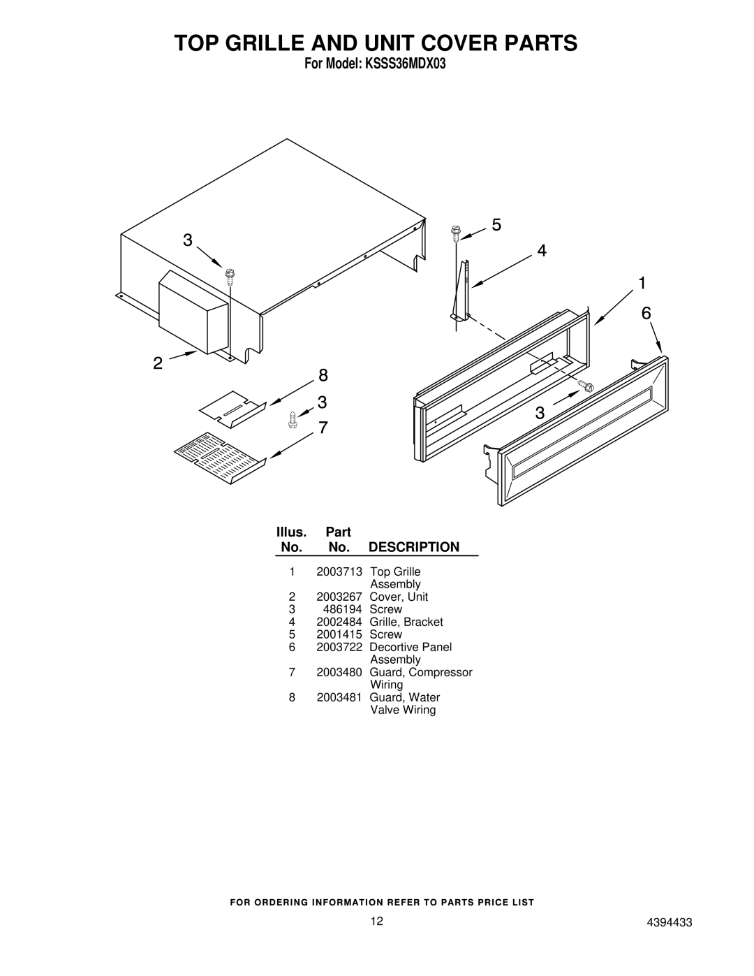 KitchenAid KSSS36MDX03 manual TOP Grille and Unit Cover Parts 