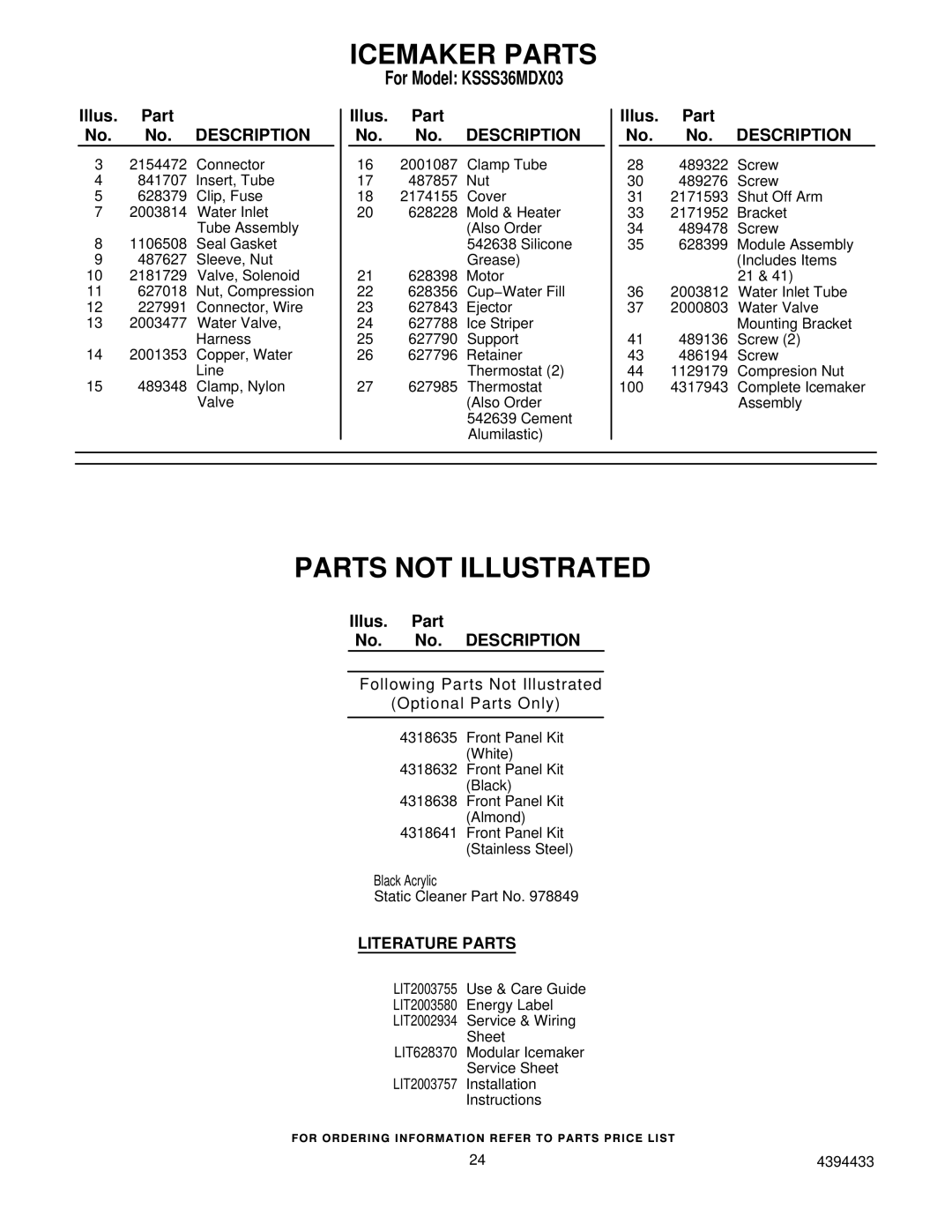KitchenAid KSSS36MDX03 manual Parts not Illustrated, Literature Parts 