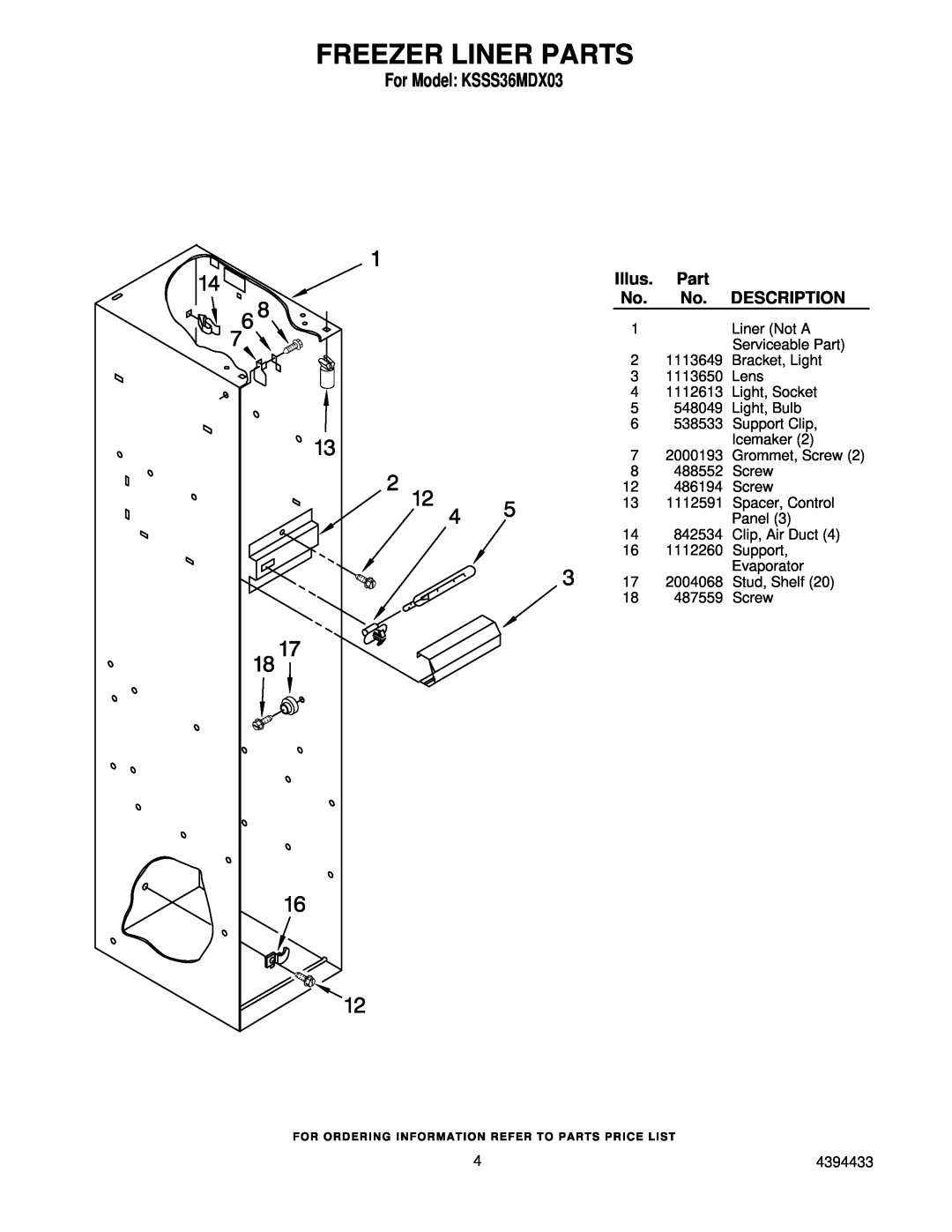 KitchenAid manual Freezer Liner Parts, For Model KSSS36MDX03, Illus, Description 