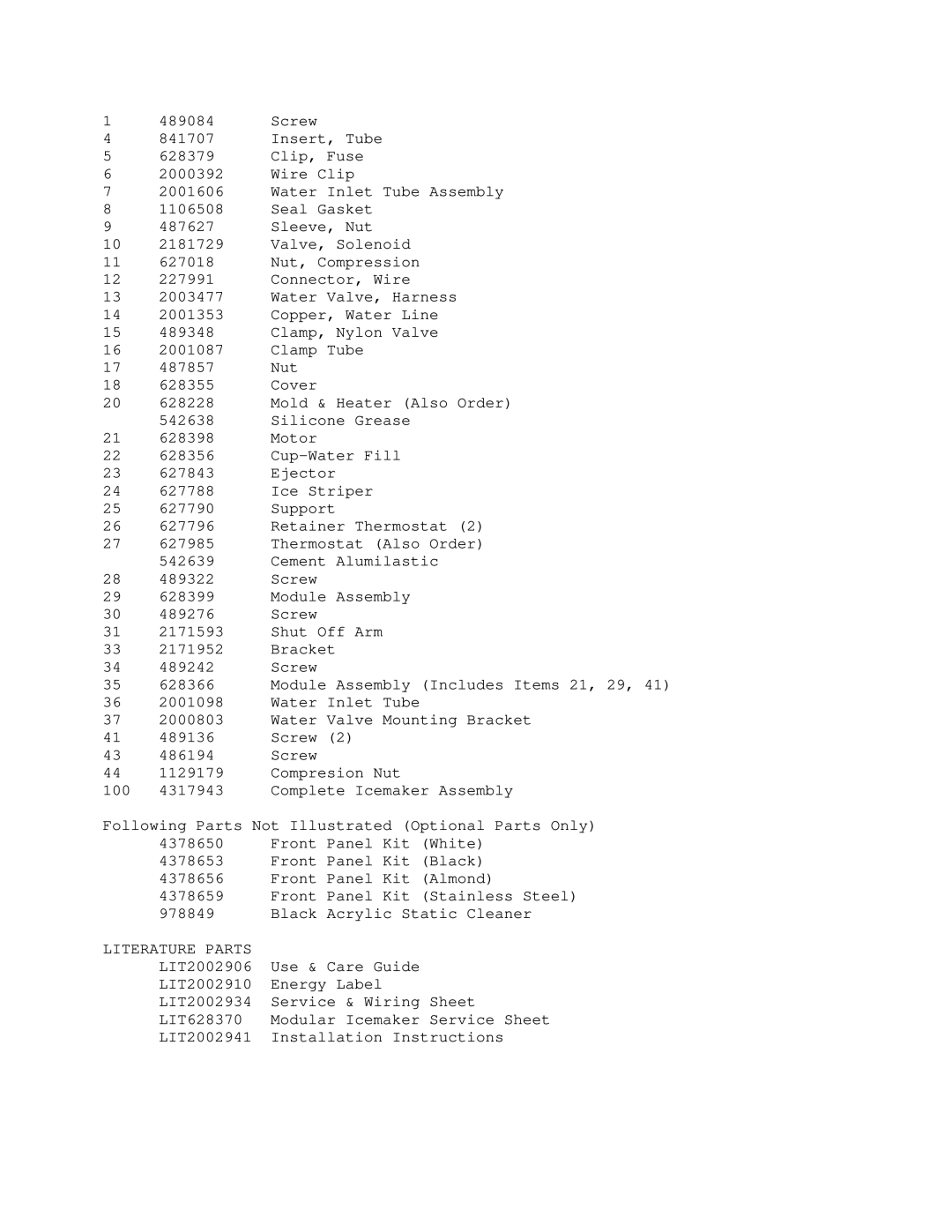 KitchenAid KSSS36QDW00 manual Literature Parts 